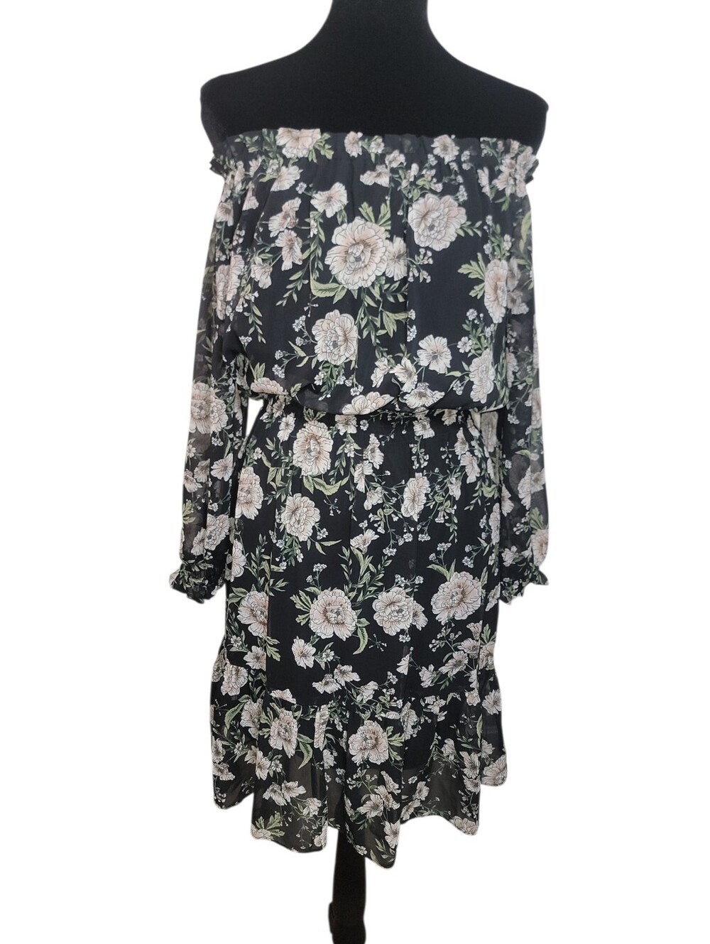 Barlll off shoulder black floral print dress women's medium smocked waist tiered